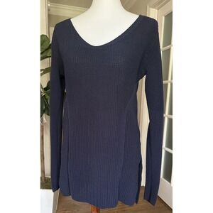 Athleta Womens Highline Sweater Navy Blue Cotton Nylon V Neck Split Hem Sz M